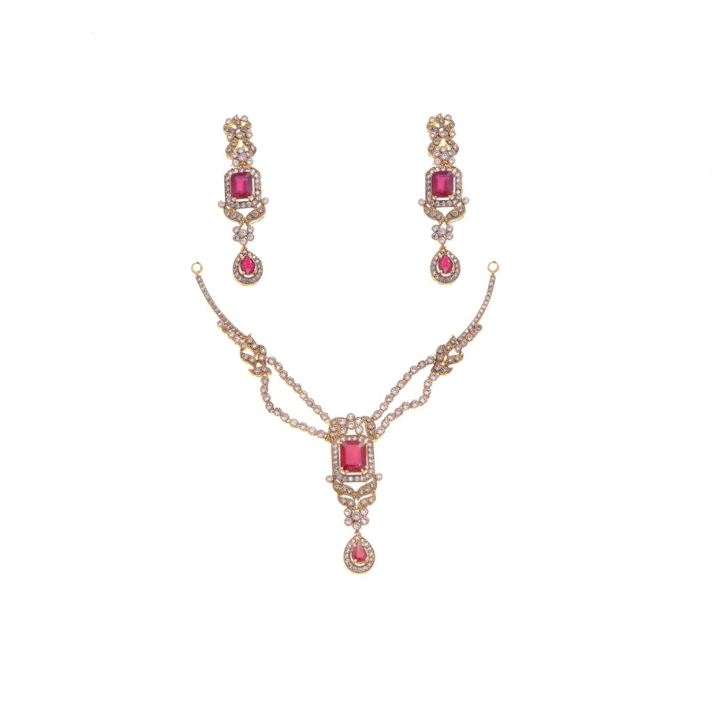 Ruby & Cubic Zirconia Necklace Set in 22k gold