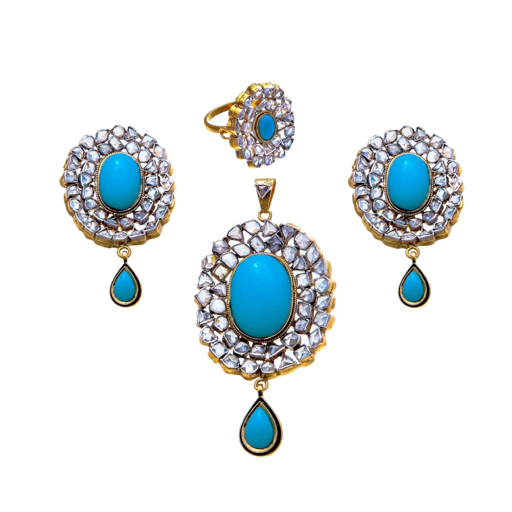 Handmade Kundan and Turquoise Pendant Set with Ring in 22k gold