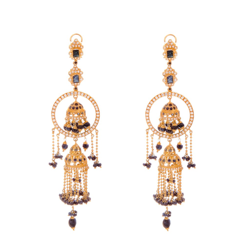 Double Jumka earrings with Sapphires made in 22k gold