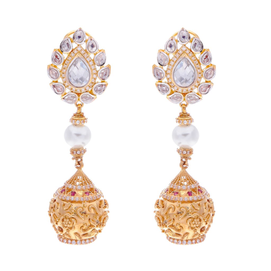 Exquisite Pearls, CZ and Polki earrings handmade in 22 karat gold