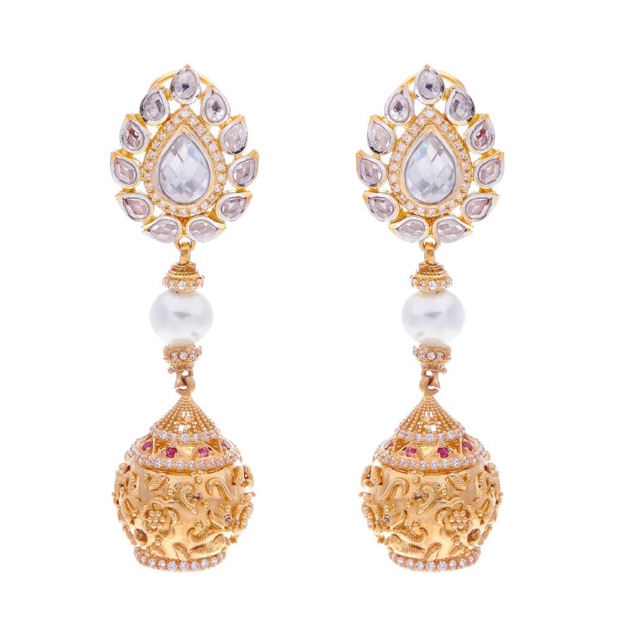 Exquisite Pearls, CZ and Polki earrings handmade in 22 karat gold