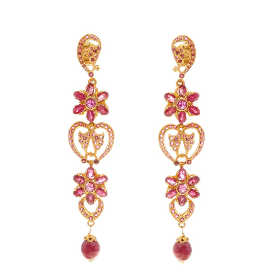 Floral patterned ruby earrings made in 22k gold