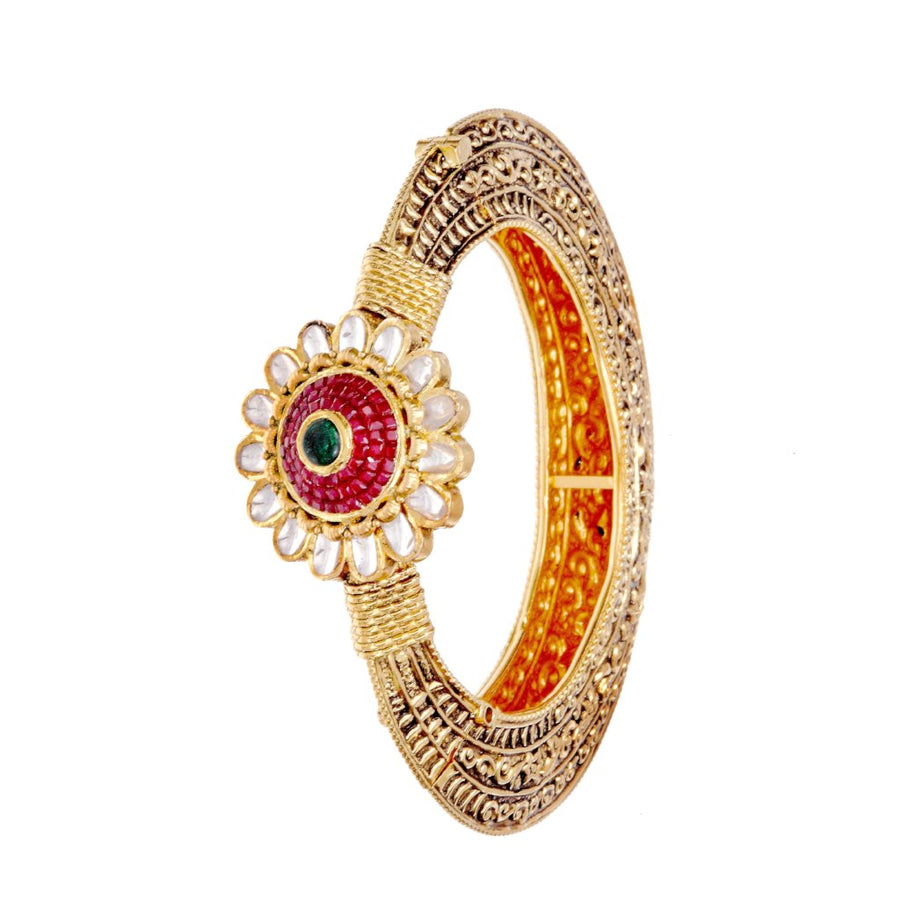 Rajistani kada made in 22k gold with Rubies & Kundan in antique finish.