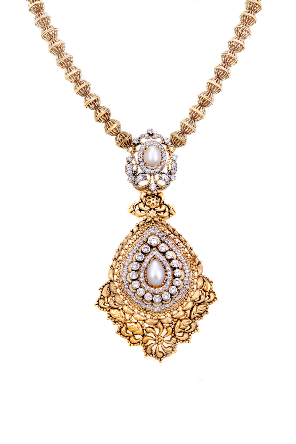 Handcrafted 22k gold necklace set with pearls and cubic zirconia, finished in antique polish.