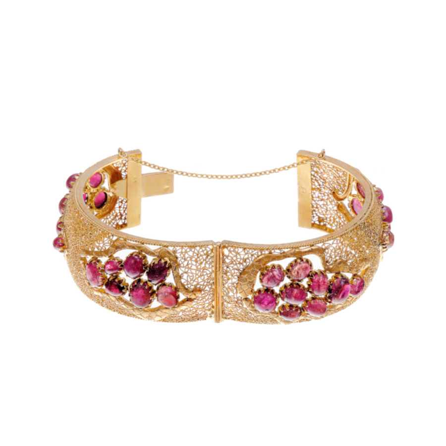 Handcrafted 22k gold kara with pink tourmaline in matte finish.