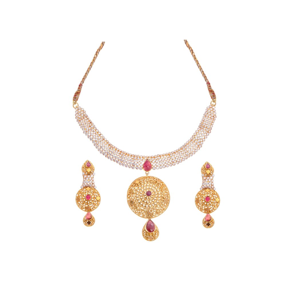 Pink Tourmaline & Cubic Zirconia Necklace Set in 22k gold