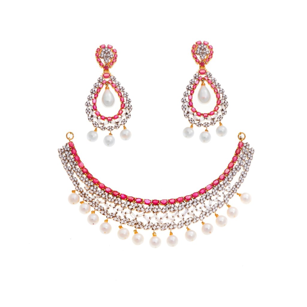 Necklace Set with Rubies, Pearls, & Cubic Zirconia Gemstones set in 22k gold
