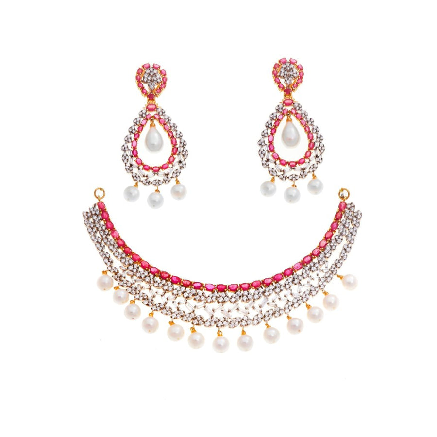 Necklace Set with Rubies, Pearls, & Cubic Zirconia Gemstones set in 22k gold