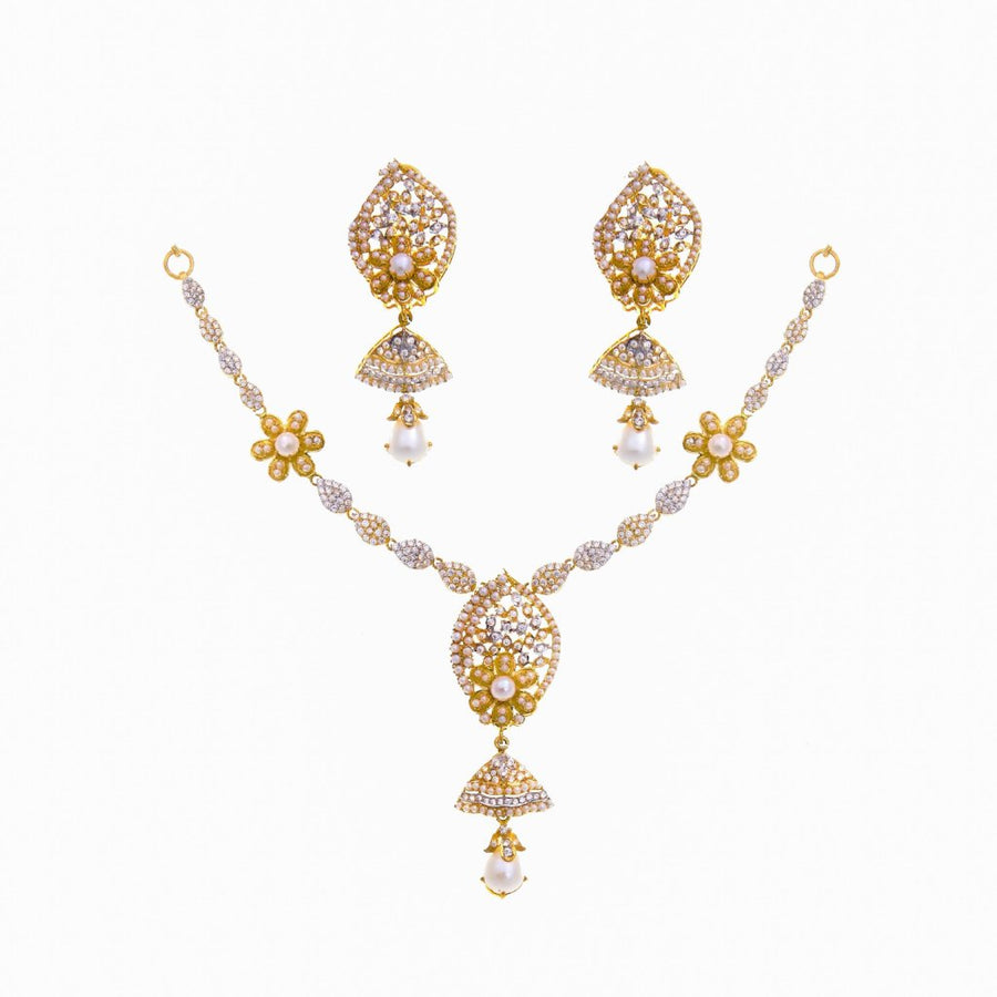 Pearls and Zirconia Necklace Set in 22k gold