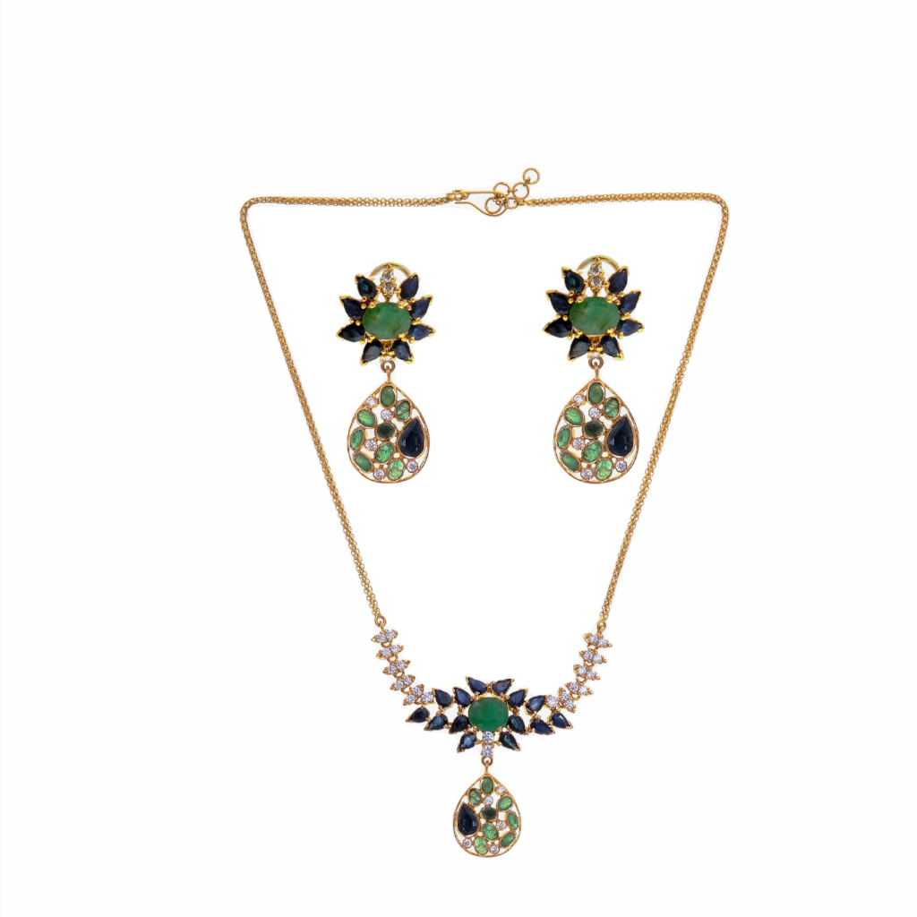 Emerald, Sapphire,& Cubic Zirconia Studded Necklace Set in 22k gold