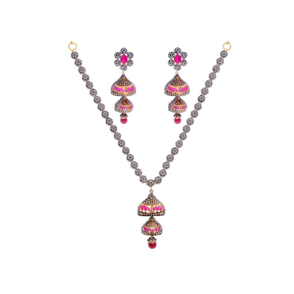 Contemporary Studded Set with Rubies and Smokey Quartz in 22k Gold