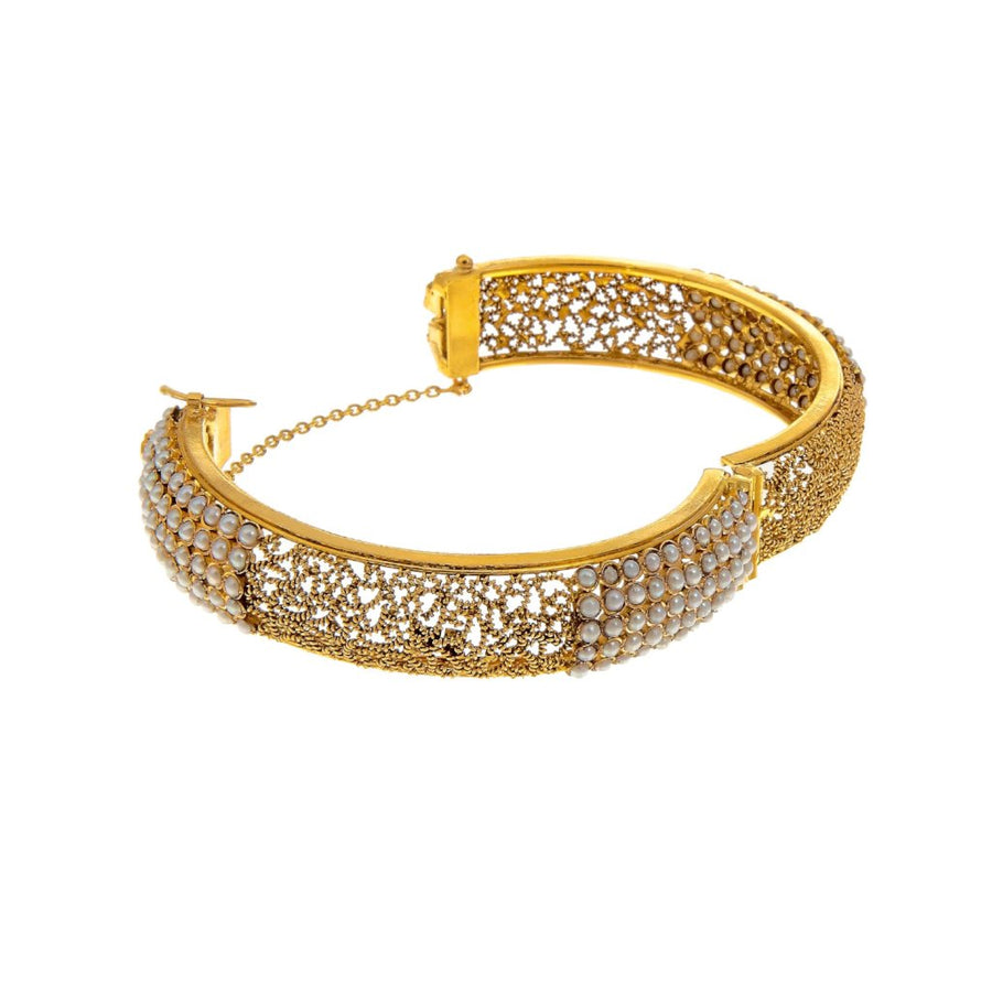 Skillfully crafted filigree kara with pearls in matte finish made in 22k gold