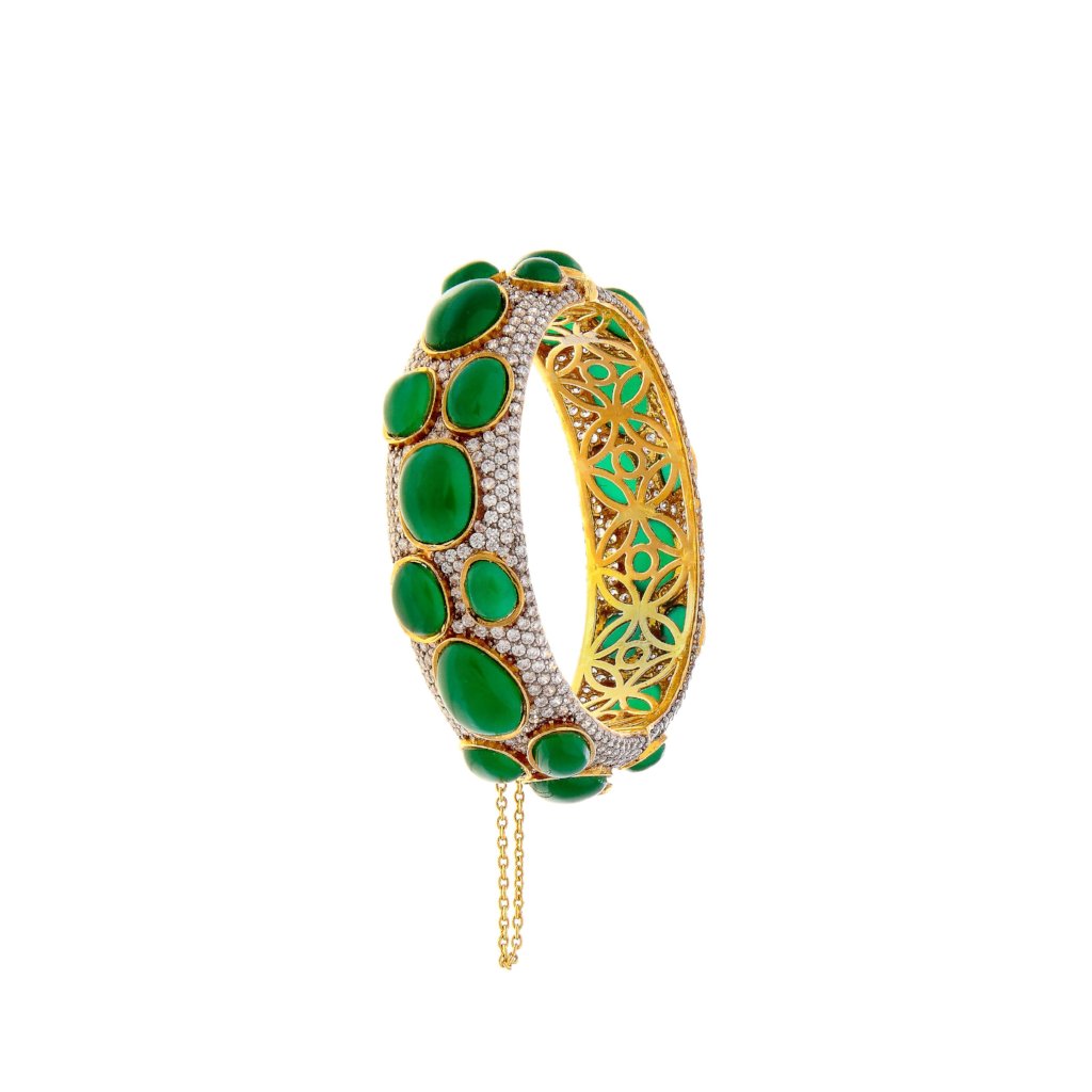 Bold Kara with grandiose Jade and cubic zirconia made in 22k gold