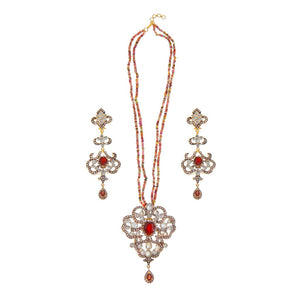 Glamorous Garnet, Tourmalines, and Polki necklace set with stunning earrings made in 22k gold