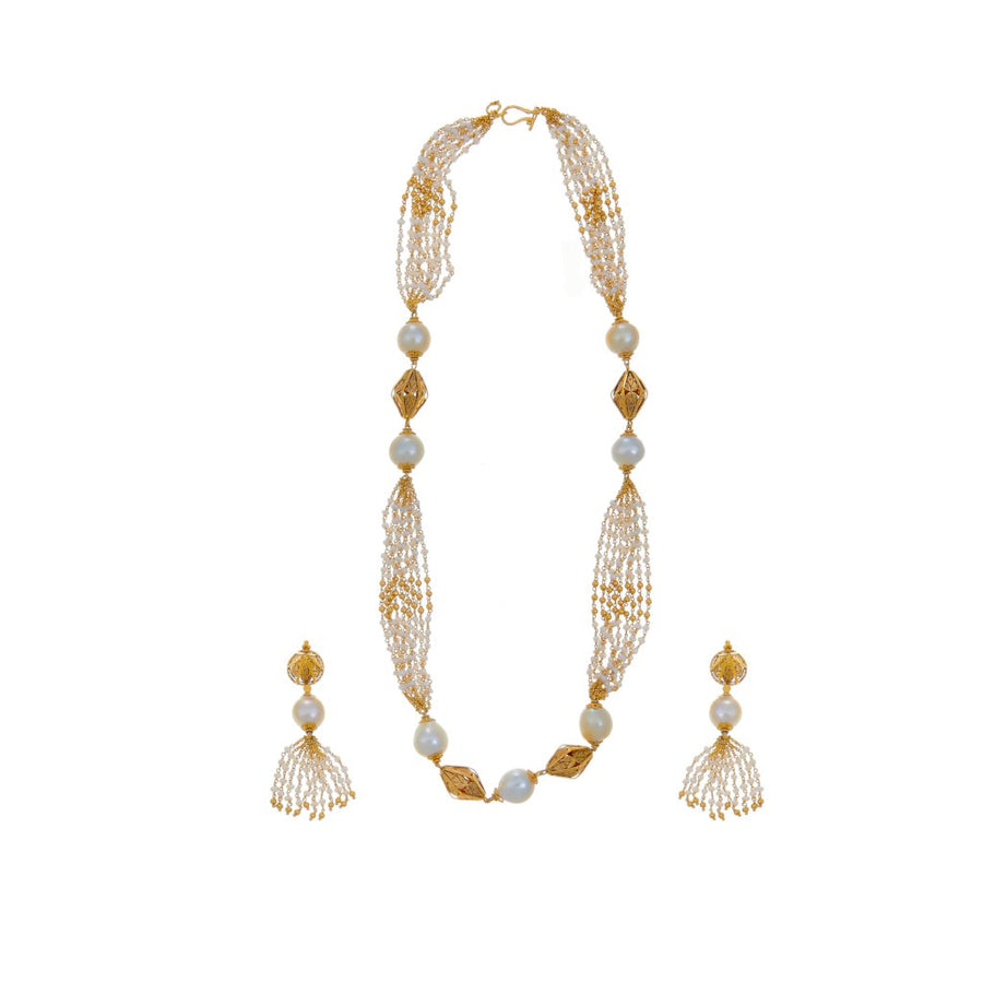 Stylish Pearl necklace set with earrings in 22k gold