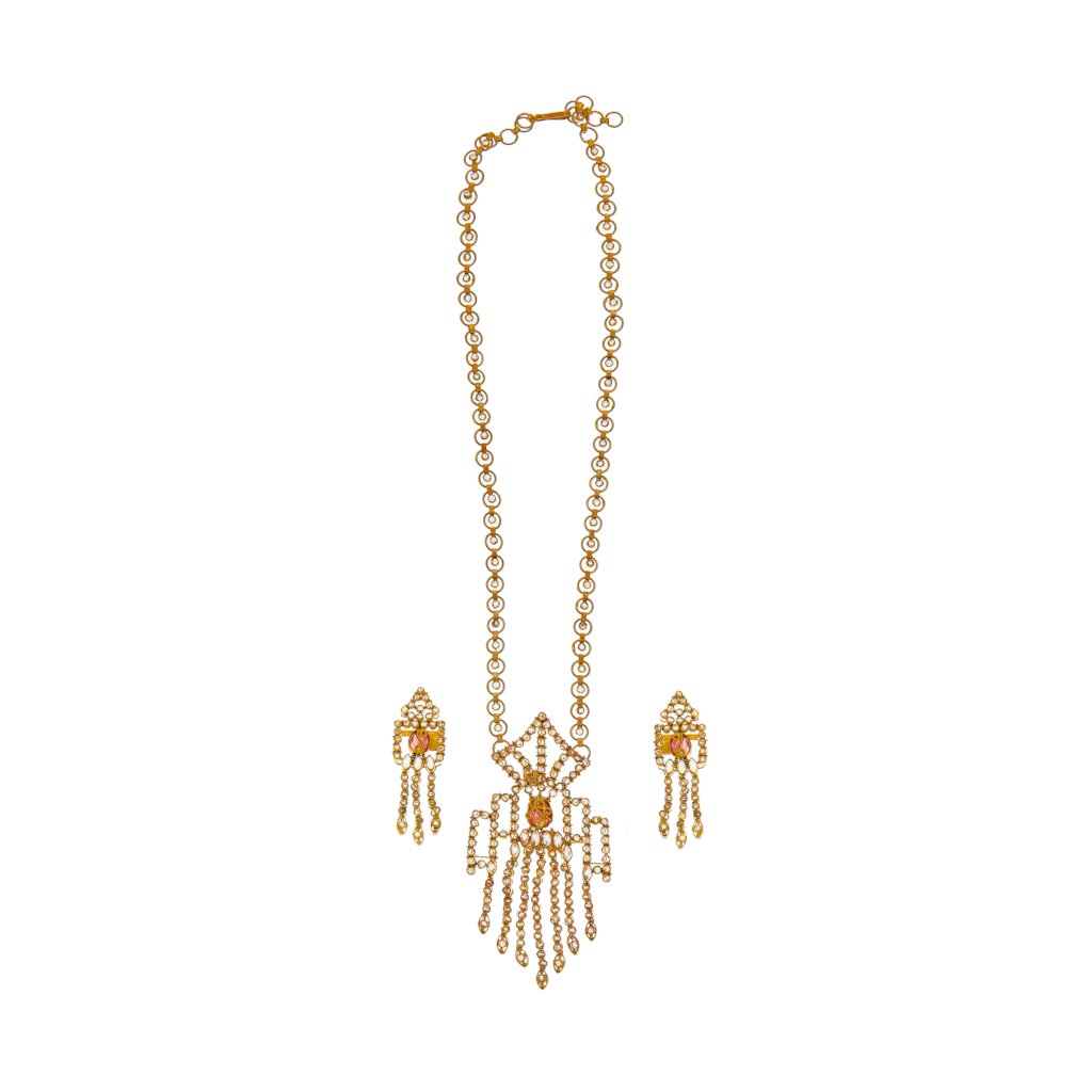 Ornate Pink Tourmaline and Polki set with matching earrings made in 22k gold