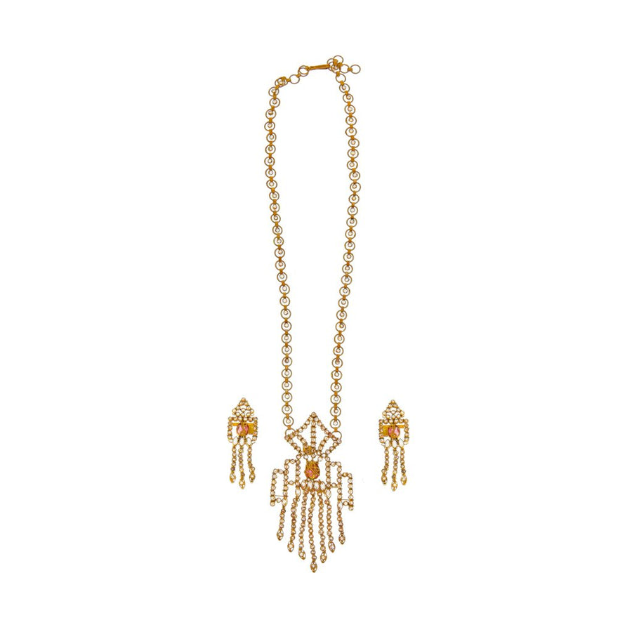 Ornate Pink Tourmaline and Polki set with matching earrings made in 22k gold