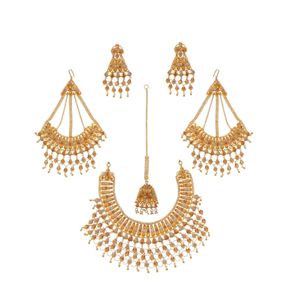 Bridal set with earrings, tika, and sahara in 3-tone finish made in 22k gold
