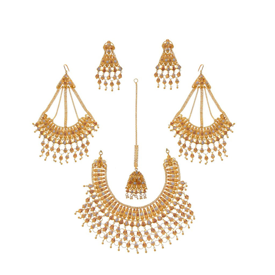 Bridal set with earrings, tika, and sahara in 3-tone finish made in 22k gold