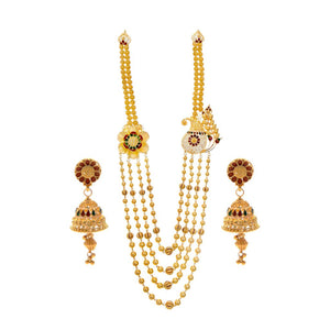 Classic mala-necklace set with earrings and finished with red and green mina in 22k gold