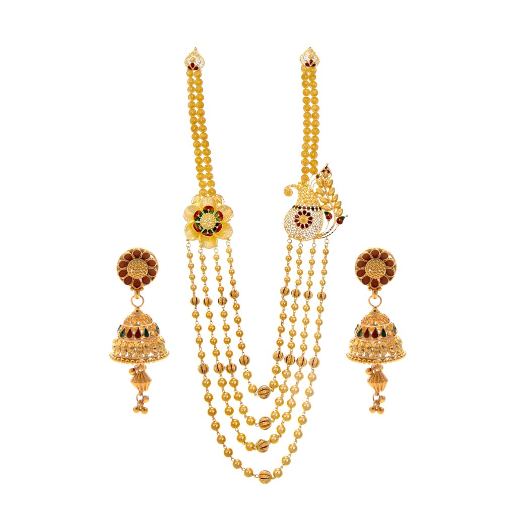 Classic mala-necklace set with earrings and finished with red and green mina in 22k gold