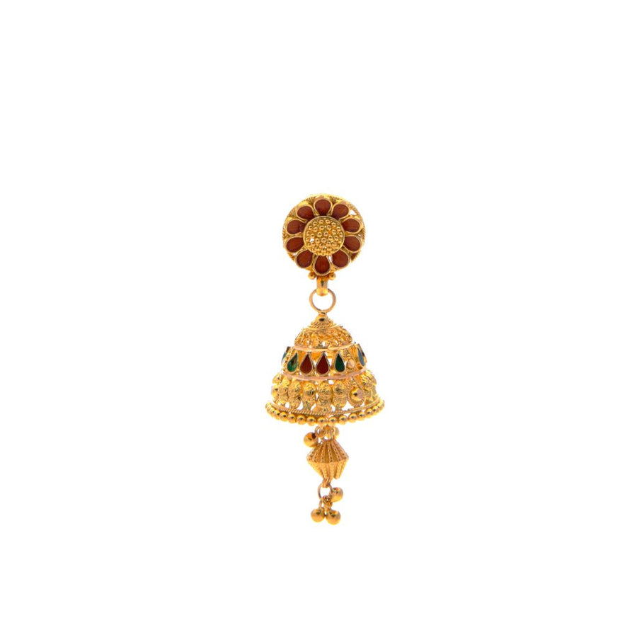 Classic mala-necklace set with earrings and finished with red and green mina in 22k gold