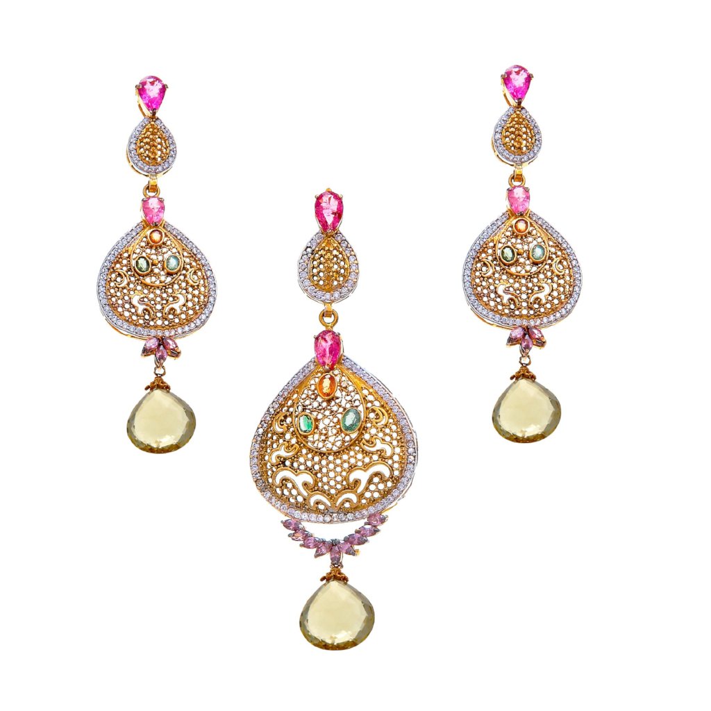 Multi-Color Tourmaline and Cubic Zirconia Pendant Set in 22k Gold