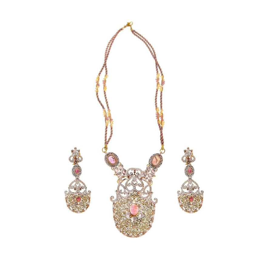 Glittering Pink Tourmaline, Polki, & Cubic Zirconia necklace set made in 22k gold