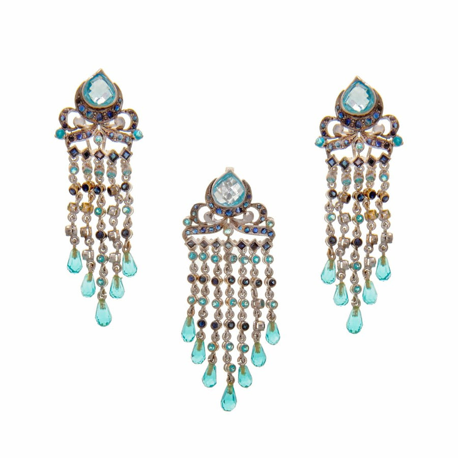 Dangling pendant set with Sapphires and Aquamarine gemstones made in 22k gold