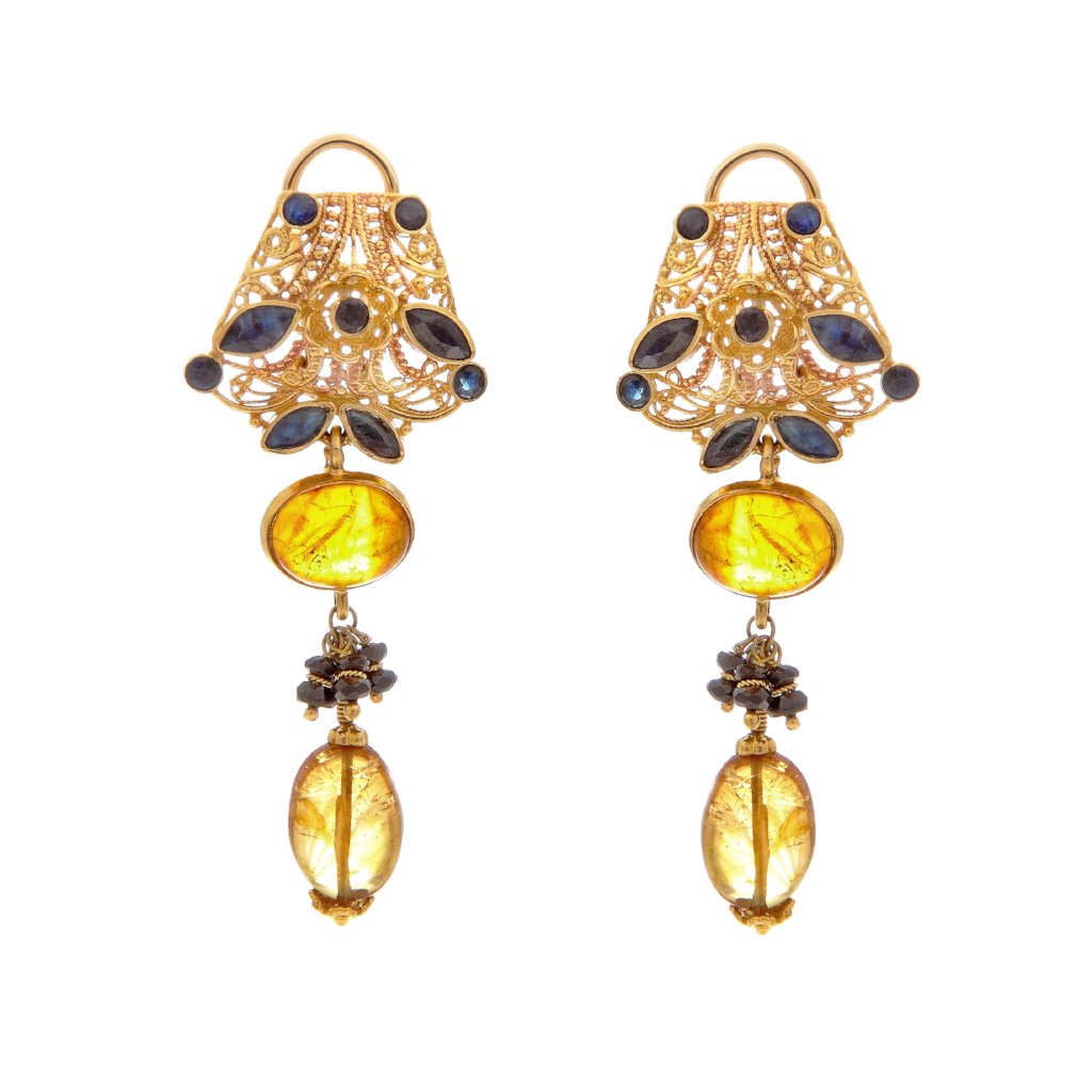 Trendsetting Sapphire and Amber earrings made in 22k gold