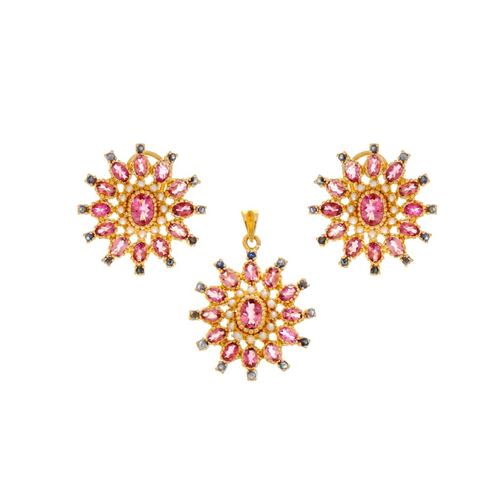 Handcrafted Pink Tourmaline, Sapphire, & Pearl Pendant Set in 22k gold