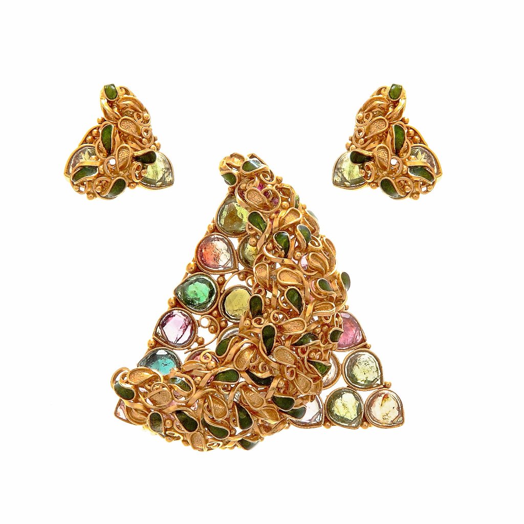 Triangular Shaped Pink & Green Tourmaline, & Smokey Quartz Pendant Set in 22k Gold
