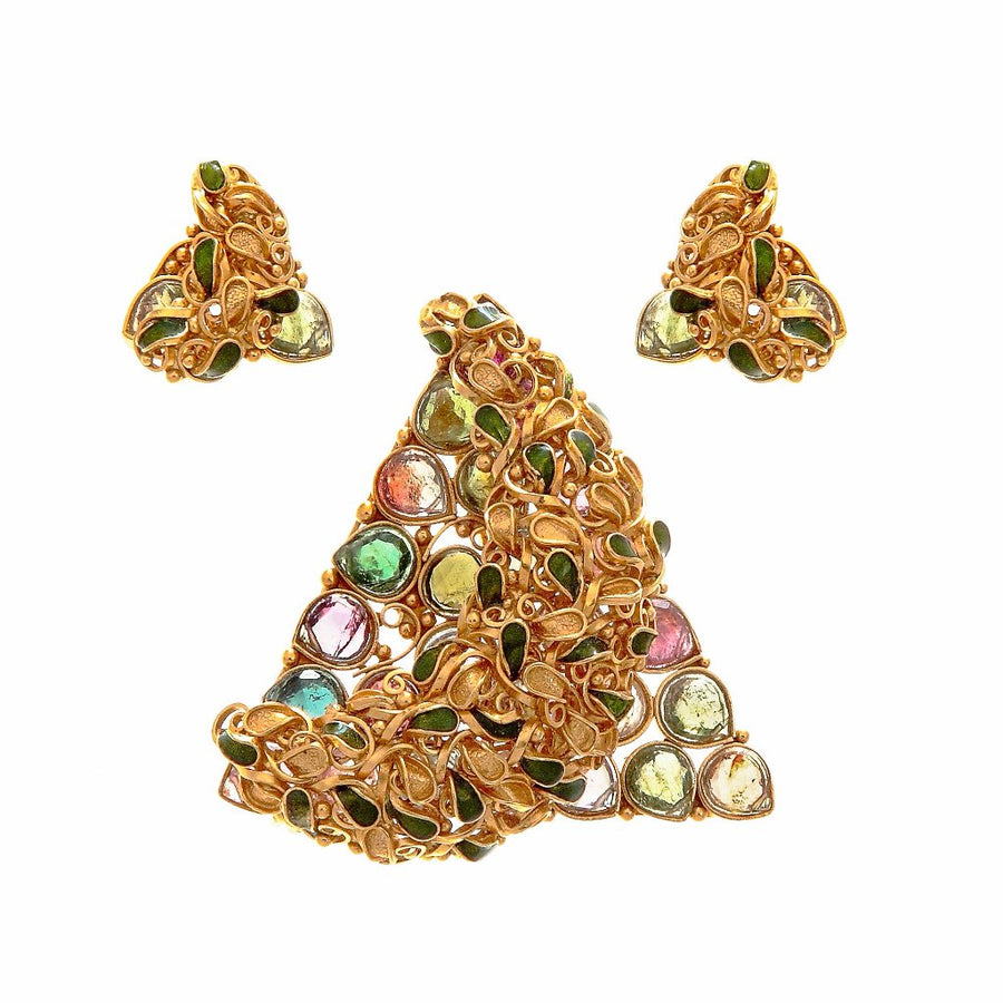 Triangular Shaped Pink & Green Tourmaline, & Smokey Quartz Pendant Set in 22k Gold