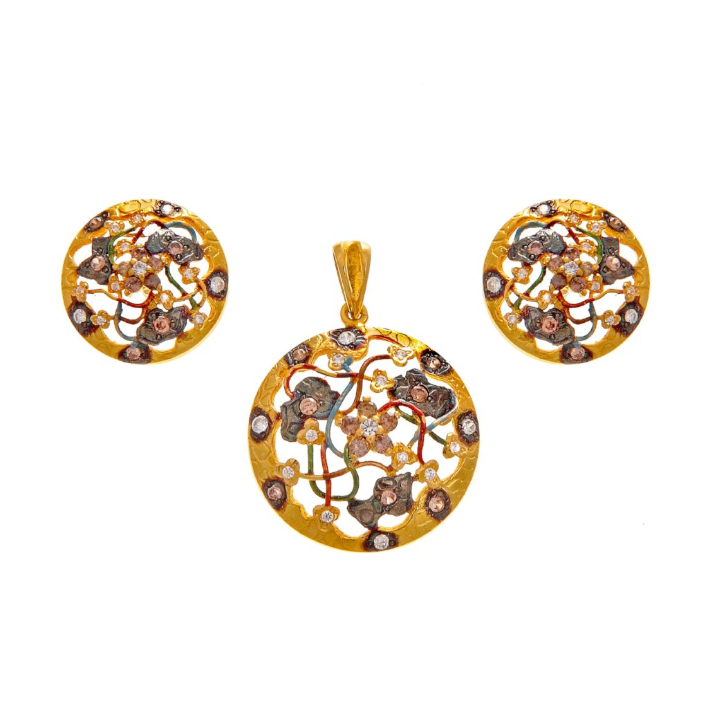 Smokey Quartz & Cubic Zirconia Pendant Set With Mina in 22k gold