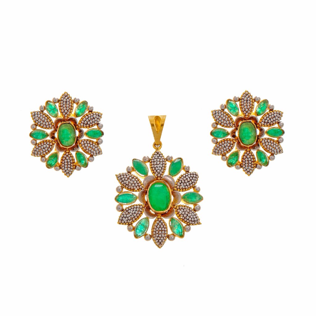 Handcrafted Emerald Pendant Set With Rhodium Polish in 22k Gold