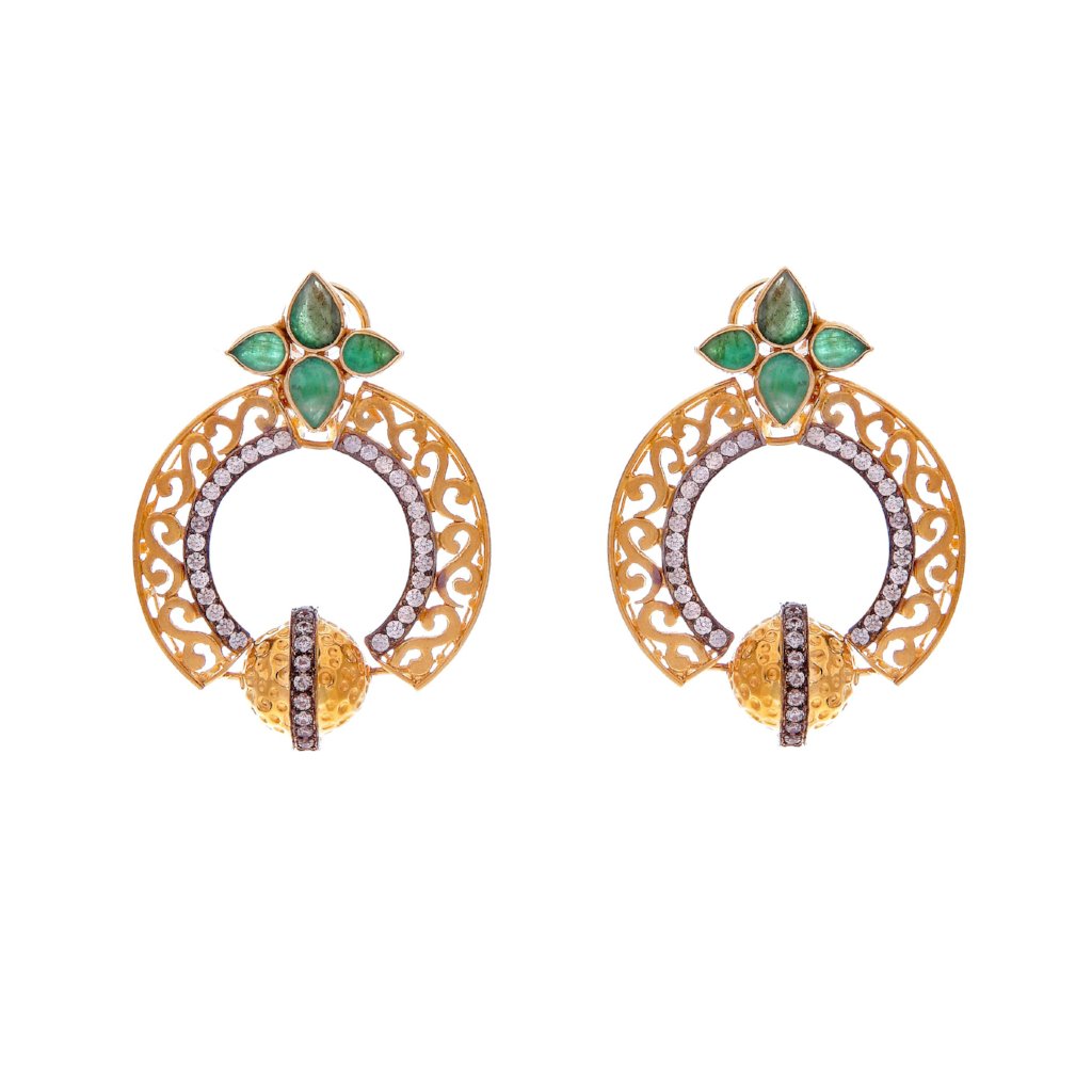 Stunning Emerald and CZ earrings with filigree work, handmade in 22 karat gold
