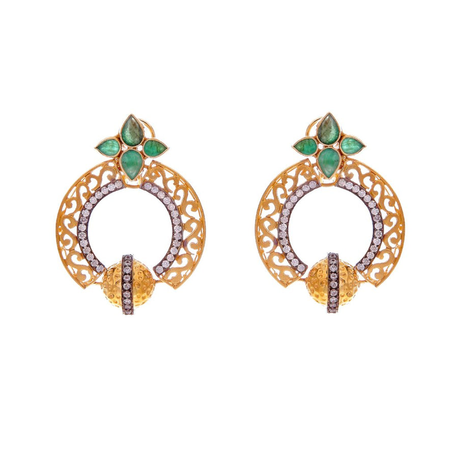 Stunning Emerald and CZ earrings with filigree work, handmade in 22 karat gold
