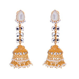 Luxurious Mother of Pearls, Pearls, and Kundan earrings made in 22 karat gold