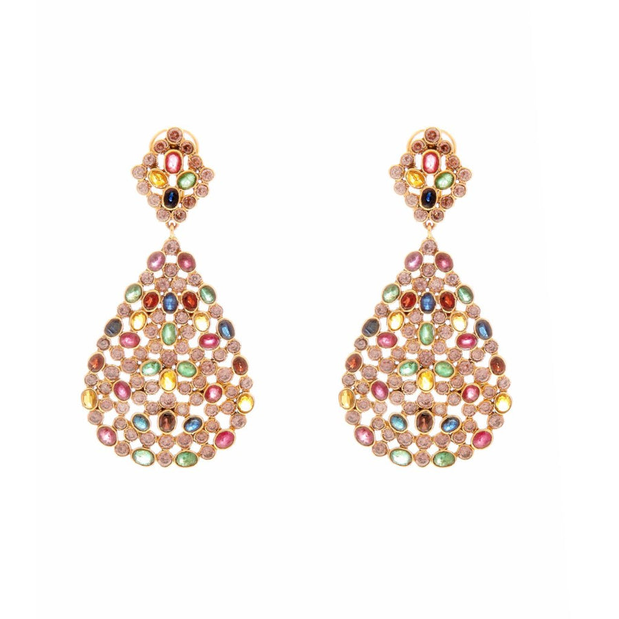 Teardrop shaped earrings with Rubies, Emeralds, and Sapphire handmade in 22 karat gold