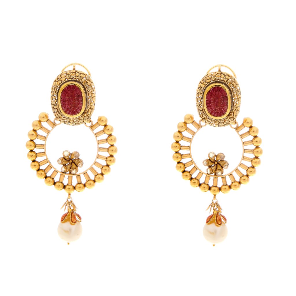 Radiant Ruby, Pearls, and Polki earrings made in 22 karat gold