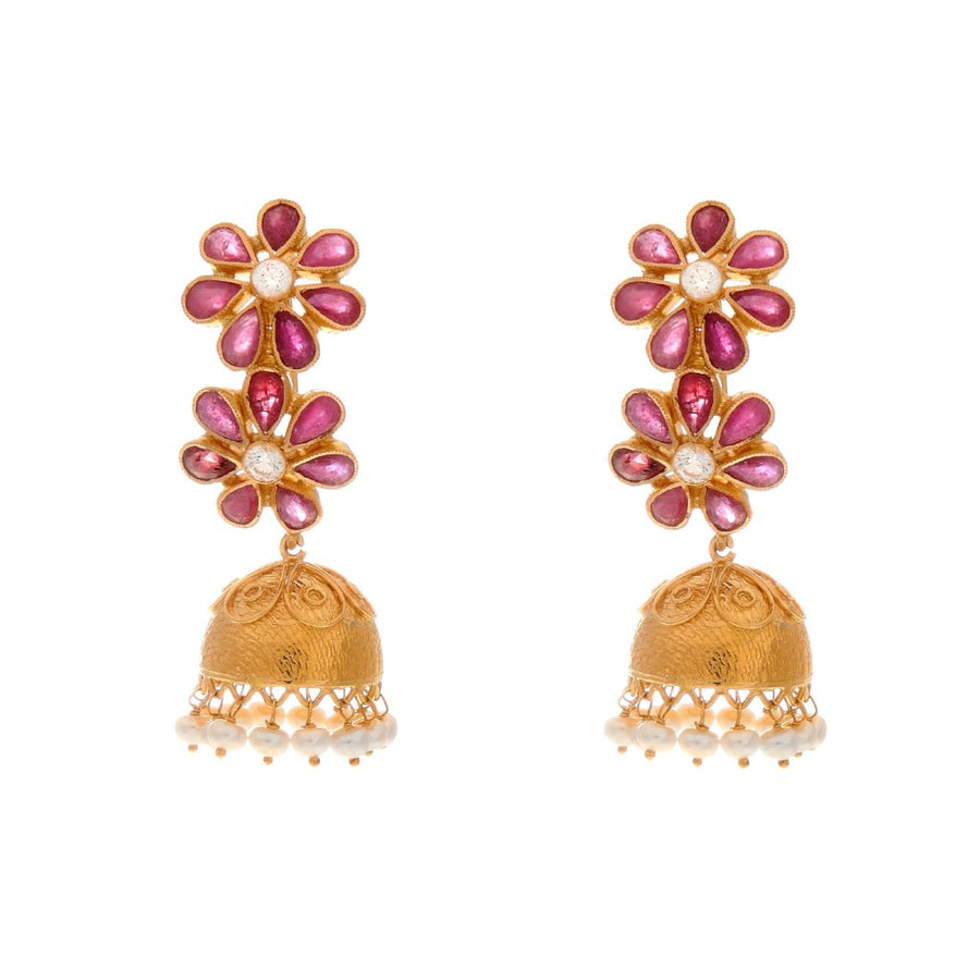 Jhumka Bali with floral Ruby design and dangling Pearls made in 22 karat gold