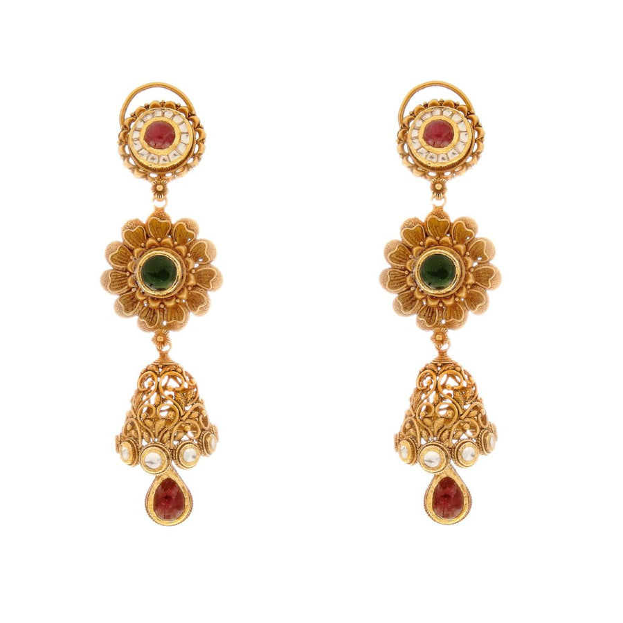 Elegant Ruby and Kundan earrings in floral design made in 22 karat gold