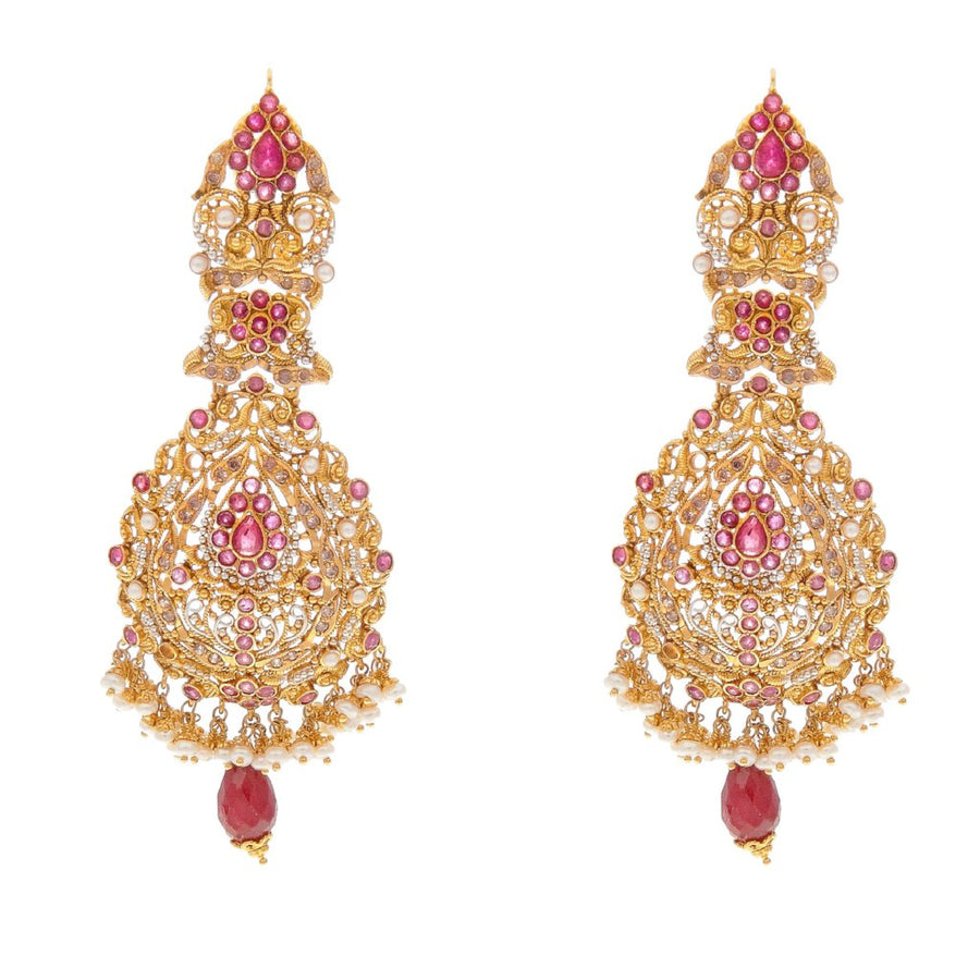 Graceful Rubies and Pearls earrings handmade in 22 karat gold