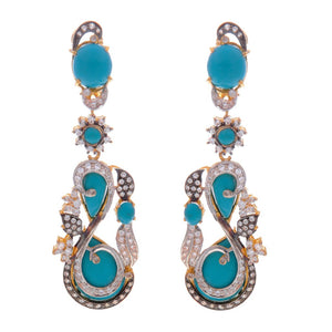 Brilliant Blue Turquoise and CZ earrings with 3-tone polish handcrafted in 22k gold