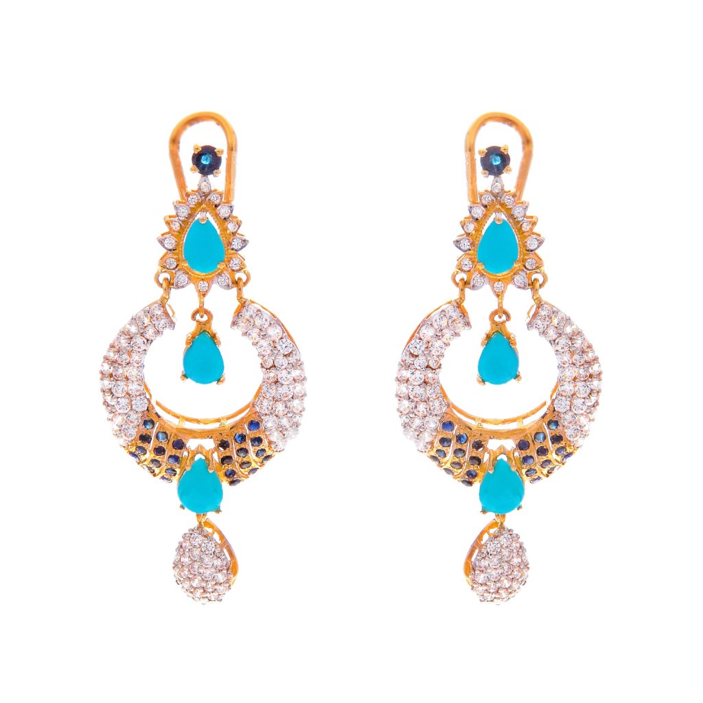 Glitzy Turquoise, Sapphire, and CZ earrings handmade in 22k gold