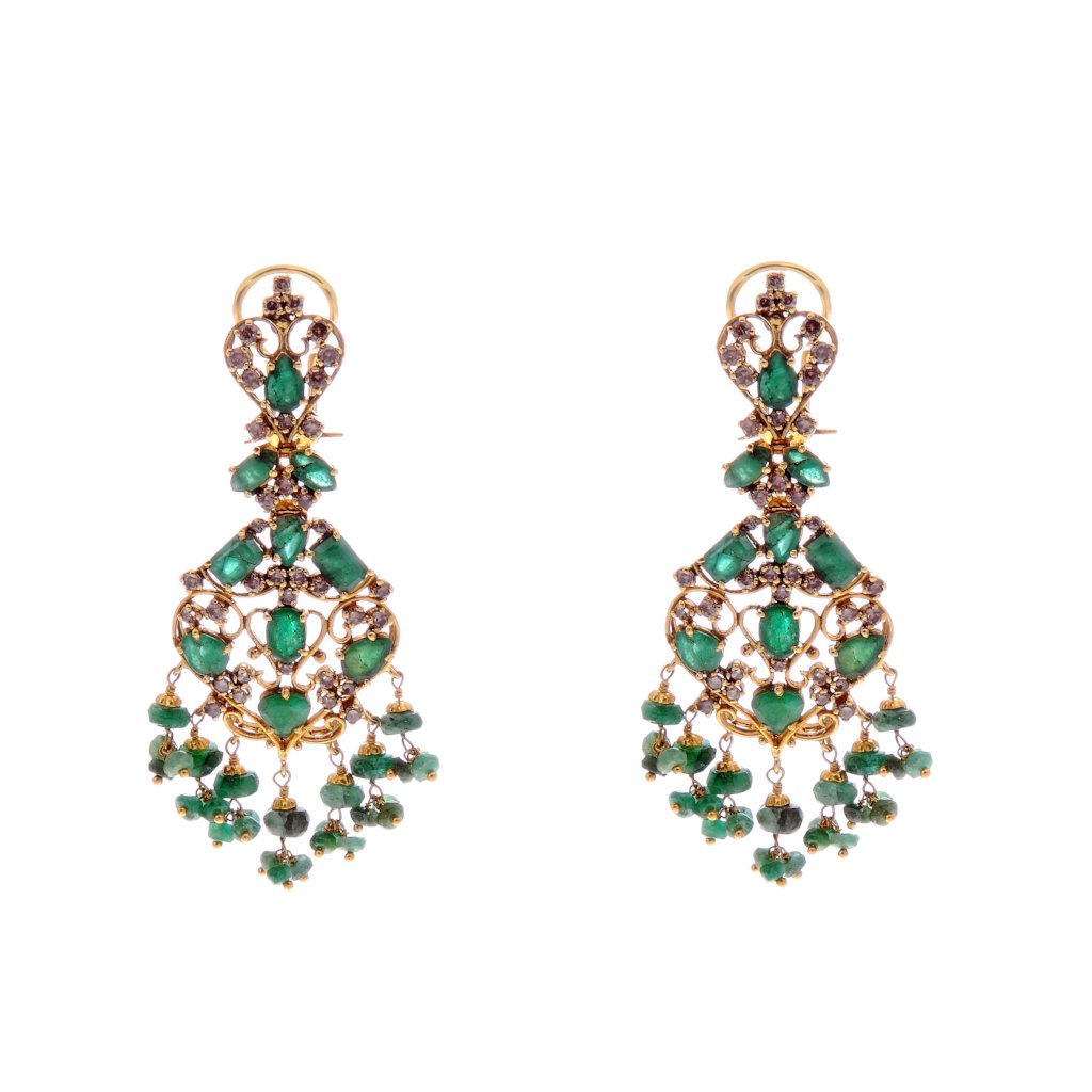 Elegant Emerald earrings with Smokey Quartz made in 22k gold