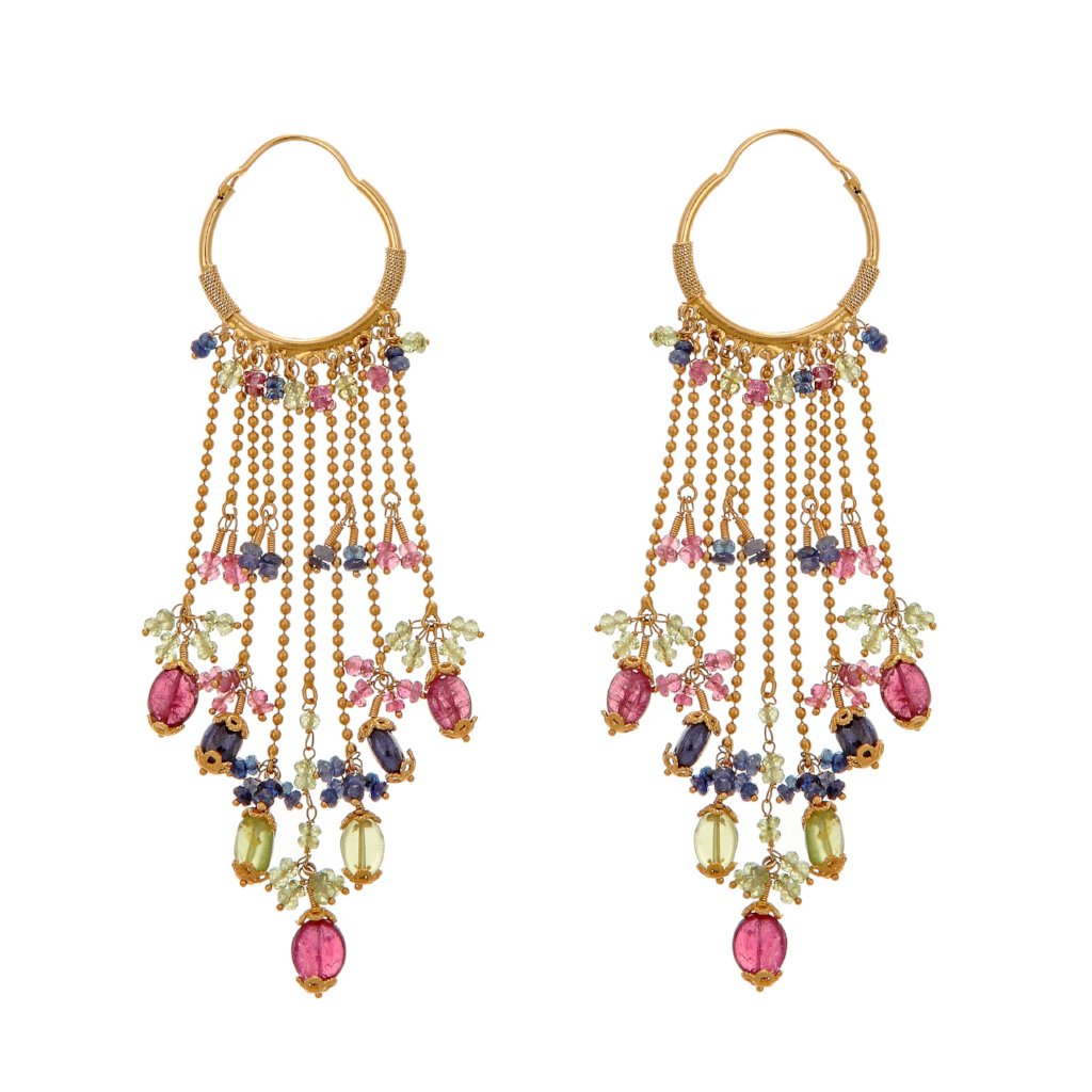 Colorful long earrings with Tourmaline, Sapphires, and Rubies made in 22k gold
