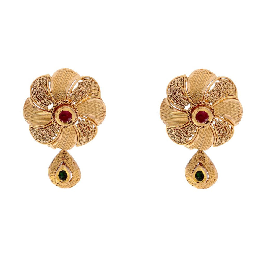 Floral designed earrings with Ruby and Cubic Zirconia made in 22k gold