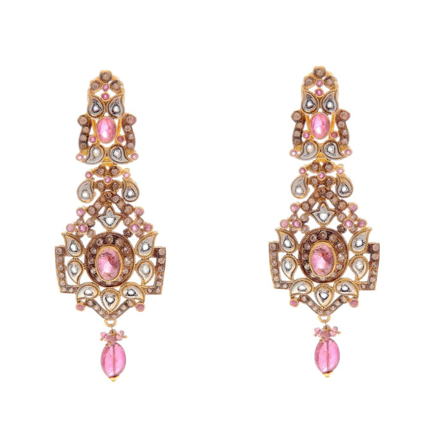 Finely crafted pink Tourmaline and Cubic Zirconia earring made in 22k gold