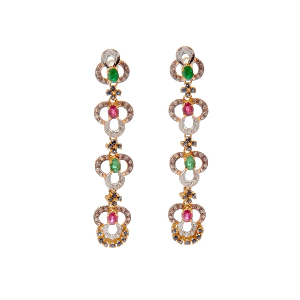 Trinity design ruby, emerald, and sapphire earrings made in 22k gold